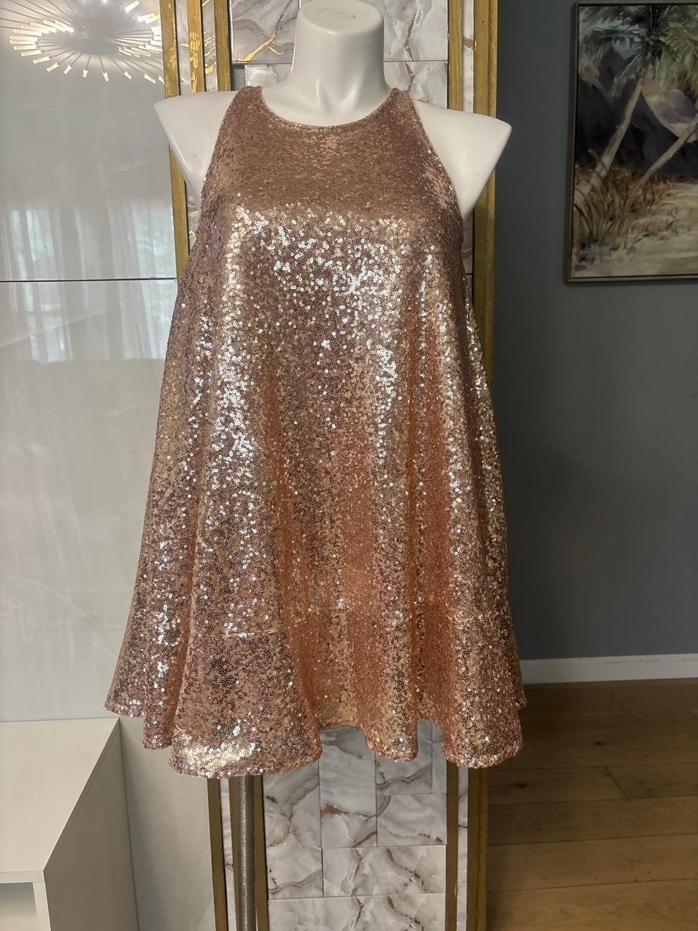 LC Lauren Conrad Rose Gold Sequin Halter A-Line Dress